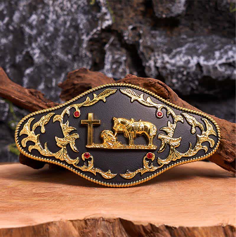 Schwarz-goldener DIY-Ledergürtel mit betender Kreuzschnalle - Gebet - Ohne Gürtel - Nicht im Lieferumfang enthaltener Gürtel - image 1