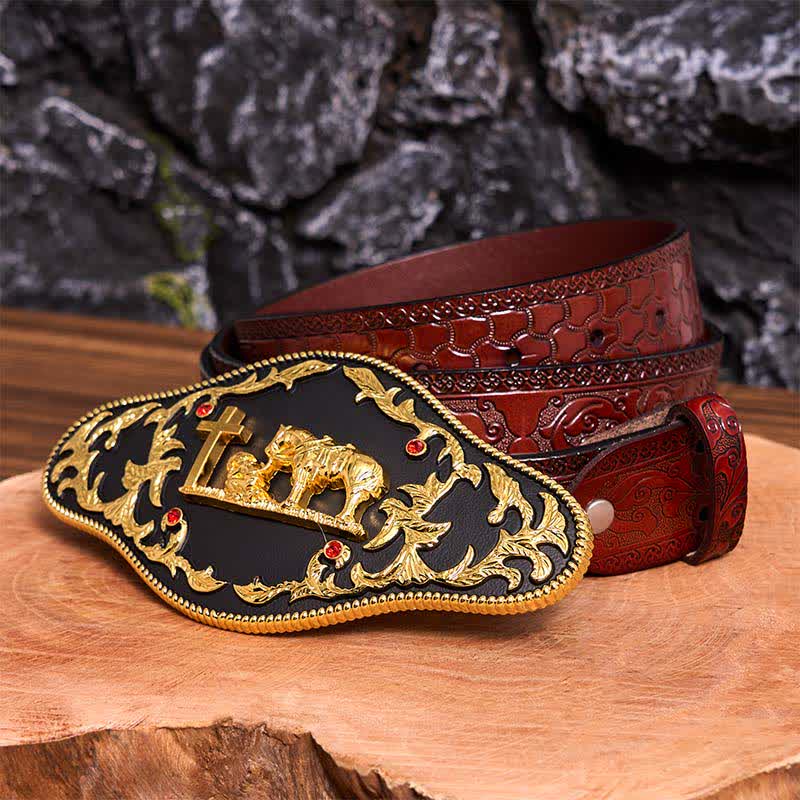 Schwarz-goldener DIY-Ledergürtel mit betender Kreuzschnalle - Gebet - Brauner geschnitzter Gürtel - 42 - image 10