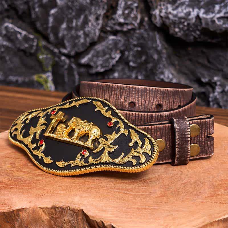 Schwarz-goldener DIY-Ledergürtel mit betender Kreuzschnalle - Gebet - Brauner Distressed-Gürtel - 42 - image 9