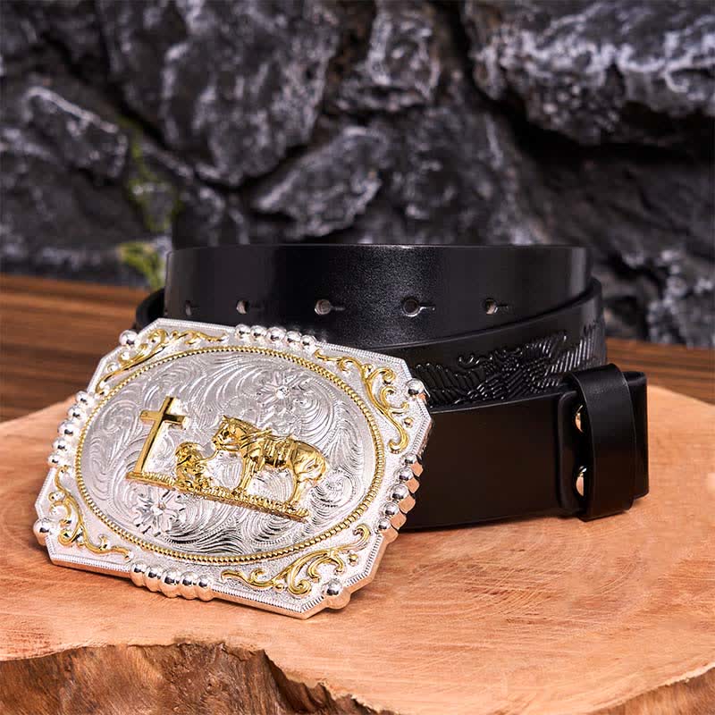 Silber & Gold DIY Cowboy Praying Cross Horse Große Schnalle Ledergürtel - Gebet - Schwarzer Gürtel mit geprägtem Adler - 42 - image 6