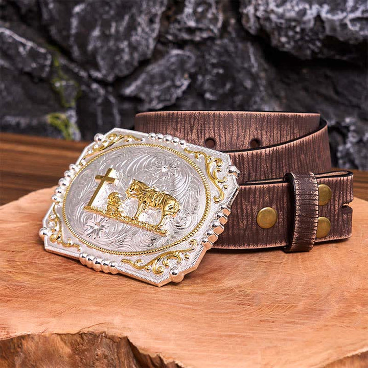 Silber & Gold DIY Cowboy Praying Cross Horse Große Schnalle Ledergürtel - Gebet - Brauner Distressed-Gürtel - 42 - image 9