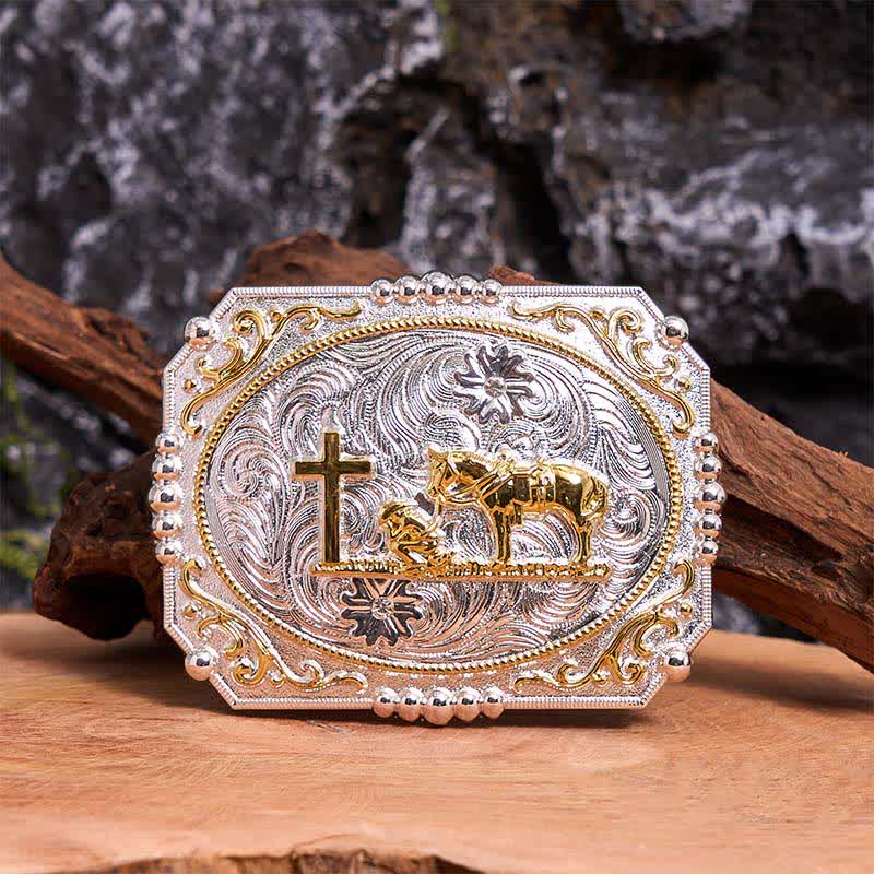 Silber & Gold DIY Cowboy Praying Cross Horse Große Schnalle Ledergürtel - Gebet - Ohne Gürtel - Nicht im Lieferumfang enthaltener Gürtel - image 0