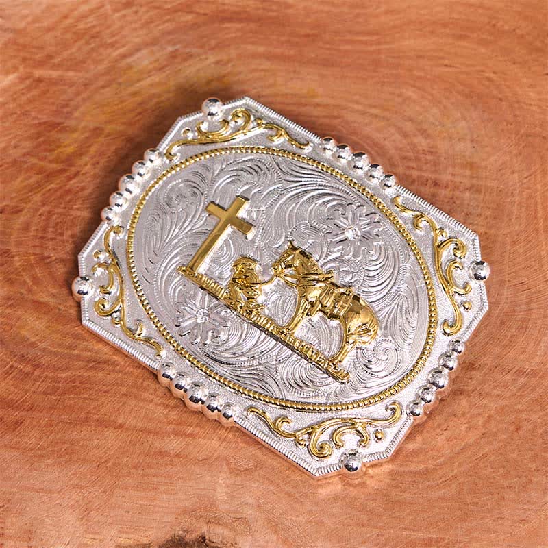 Silber & Gold DIY Cowboy Praying Cross Horse Große Schnalle Ledergürtel - image 4