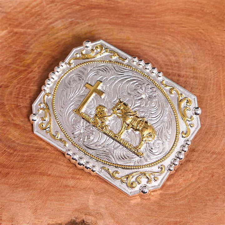 Silber & Gold DIY Cowboy Praying Cross Horse Große Schnalle Ledergürtel - image 4