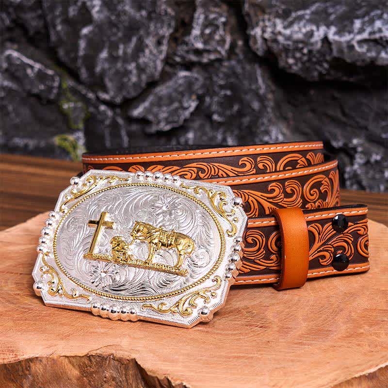 Silber & Gold DIY Cowboy Praying Cross Horse Große Schnalle Ledergürtel - Gebet - Orangefarbener Gürtel mit Blumenprägung - 42 - image 10