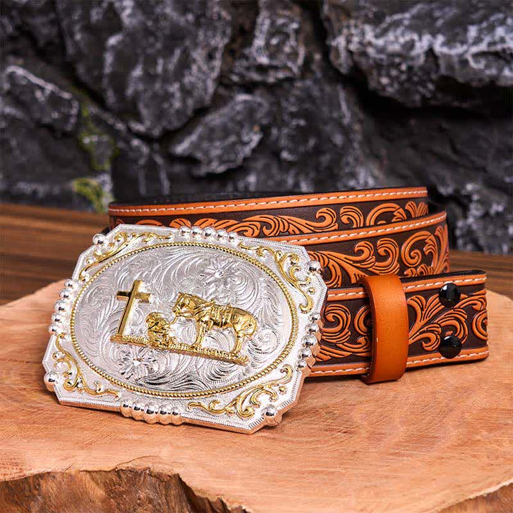 Silber & Gold DIY Cowboy Praying Cross Horse Große Schnalle Ledergürtel - Gebet - Orangefarbener Gürtel mit Blumenprägung - 42 - image 10