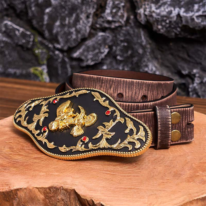 Schwarz-goldener Ledergürtel mit Adler-Schnalle - Schwarz-goldene Adler - Brauner Distressed-Gürtel - 42 - image 9