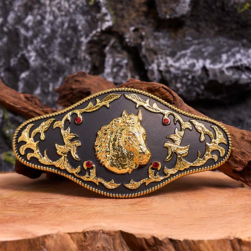 Schwarz-goldener Ledergürtel mit Pferdekopf-Schnalle - Schwarzer und goldener Pferdekopf - Ohne Gürtel - Nicht im Lieferumfang enthaltener Gürtel - image 1
