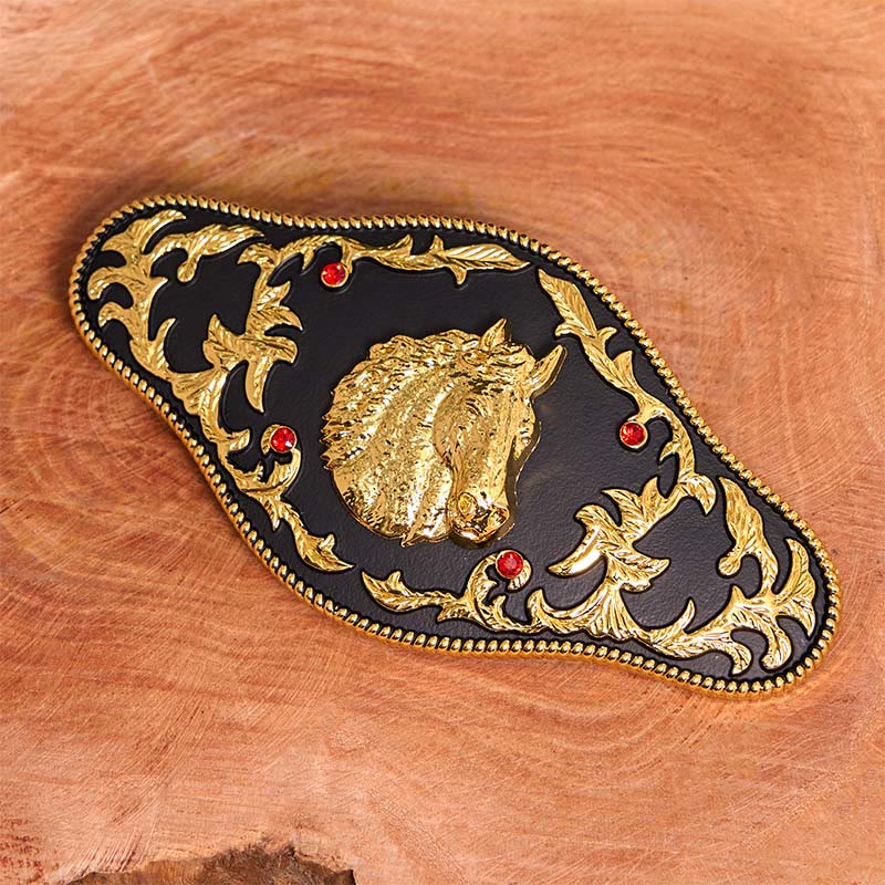 Schwarz-goldener Ledergürtel mit Pferdekopf-Schnalle - image 2