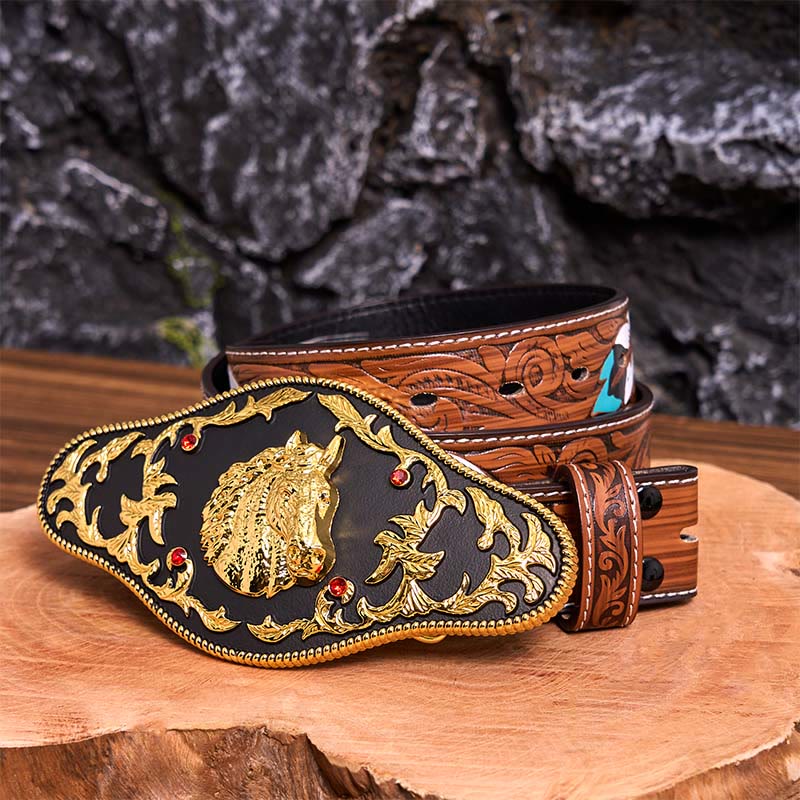 Schwarz-goldener Ledergürtel mit Pferdekopf-Schnalle - Schwarzer und goldener Pferdekopf - Brauner Federgürtel - 40 - image 11