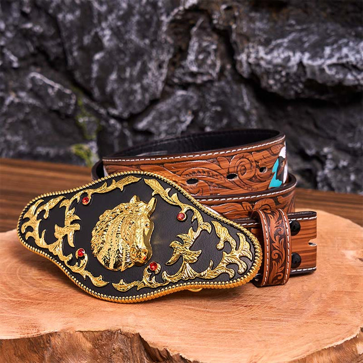 Schwarz-goldener Ledergürtel mit Pferdekopf-Schnalle - Schwarzer und goldener Pferdekopf - Brauner Federgürtel - 40 - image 11