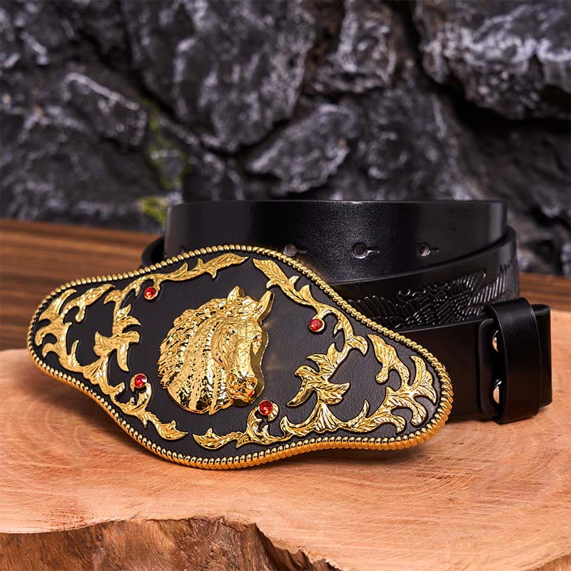 Schwarz-goldener Ledergürtel mit Pferdekopf-Schnalle - Schwarzer und goldener Pferdekopf - Schwarzer Gürtel mit geprägtem Adler - 42 - image 6