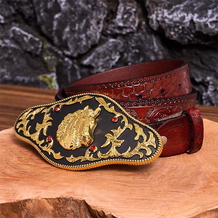 Schwarz-goldener Ledergürtel mit Pferdekopf-Schnalle - Schwarzer und goldener Pferdekopf - Brauner geschnitzter Gürtel - 42 - image 10