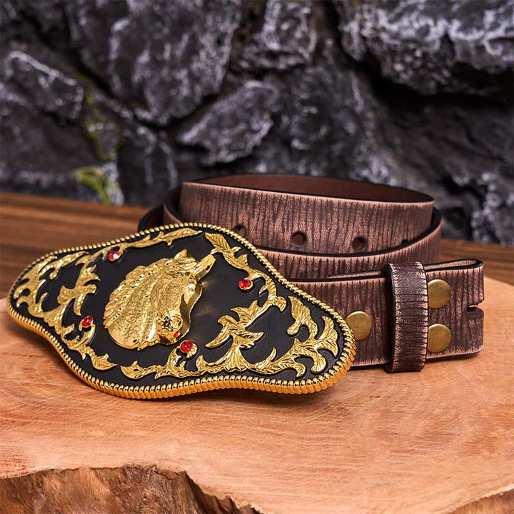 Schwarz-goldener Ledergürtel mit Pferdekopf-Schnalle - Schwarzer und goldener Pferdekopf - Brauner Distressed-Gürtel - 42 - image 9