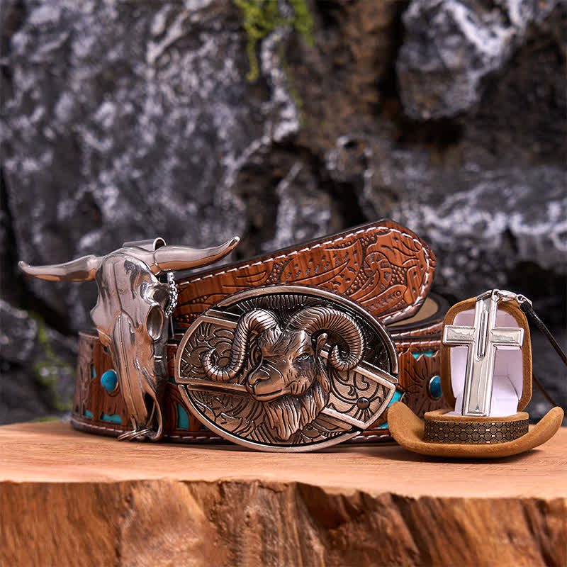 Ziege DIY versteckte Messer Gürtelschnalle Longhorn Anhänger Kreuz Halskette Bundle Set - Ziege - Türkisfarbener geschnitzter Gürtel - 42 - image 4