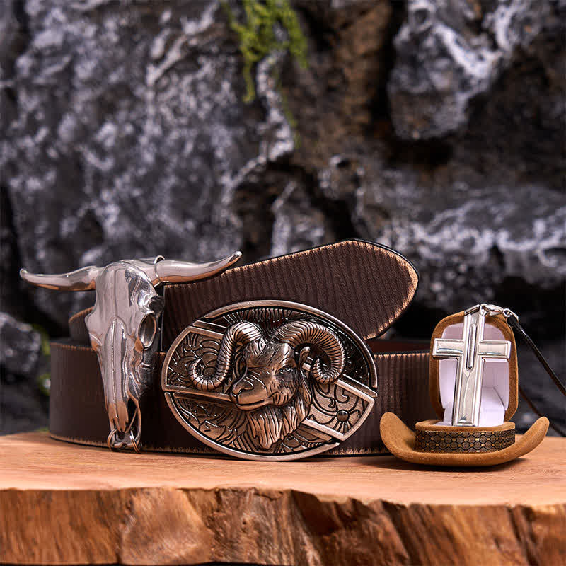 Ziege DIY versteckte Messer Gürtelschnalle Longhorn Anhänger Kreuz Halskette Bundle Set - Ziege - Brauner Distressed-Gürtel - 42 - image 6