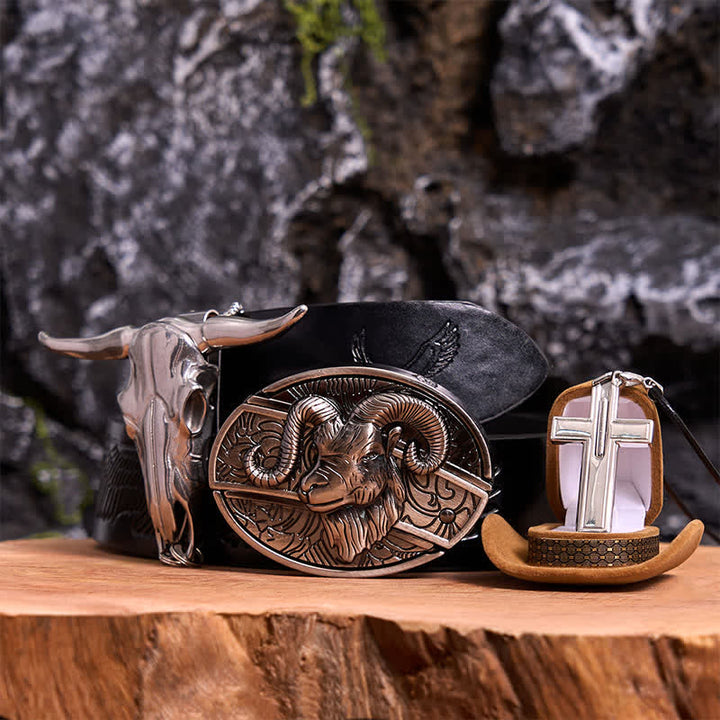 Ziege DIY versteckte Messer Gürtelschnalle Longhorn Anhänger Kreuz Halskette Bundle Set - Ziege - Schwarzer Gürtel mit geprägtem Adler - 42 - image 0