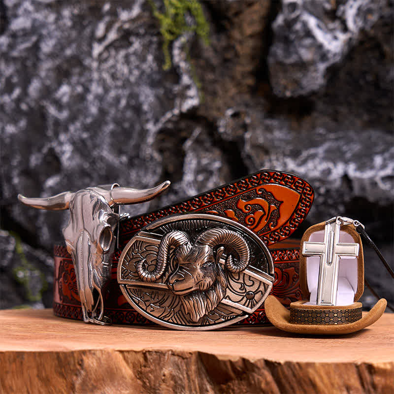 Ziege DIY versteckte Messer Gürtelschnalle Longhorn Anhänger Kreuz Halskette Bundle Set - Ziege - Orangefarbener geschnitzter Gürtel - 42 - image 7