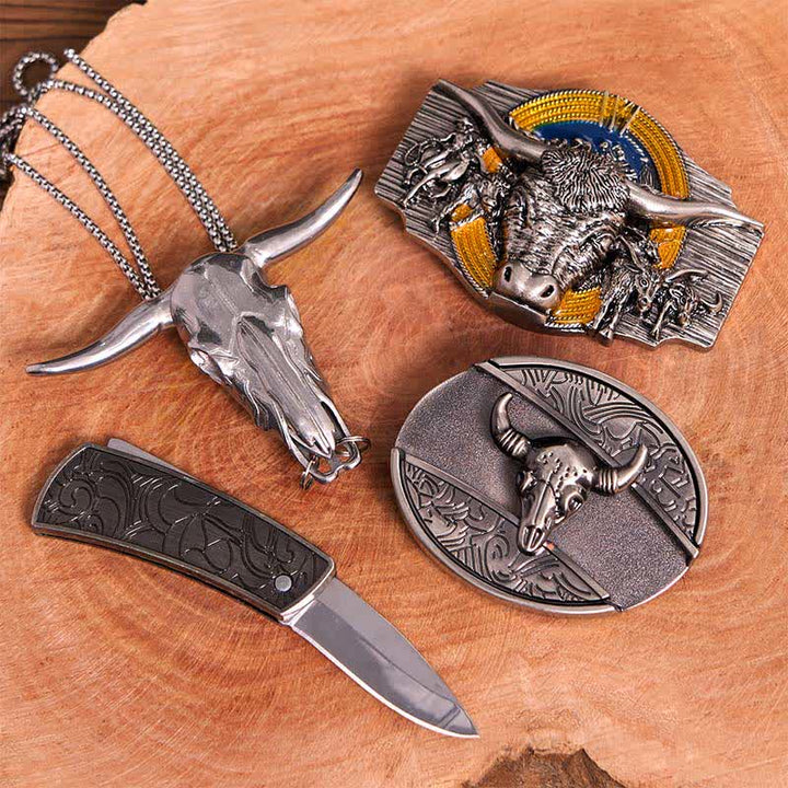 Longhorn Bull Thema DIY verstecktes Messer Gürtelschnalle Anhänger Bundle Set