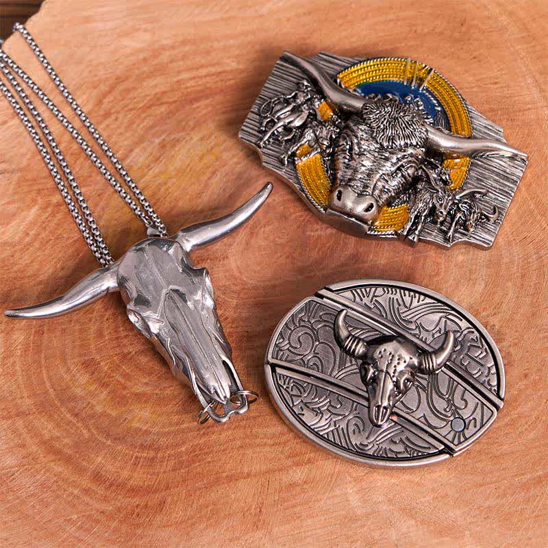 Longhorn Bull Thema DIY verstecktes Messer Gürtelschnalle Anhänger Bundle Set