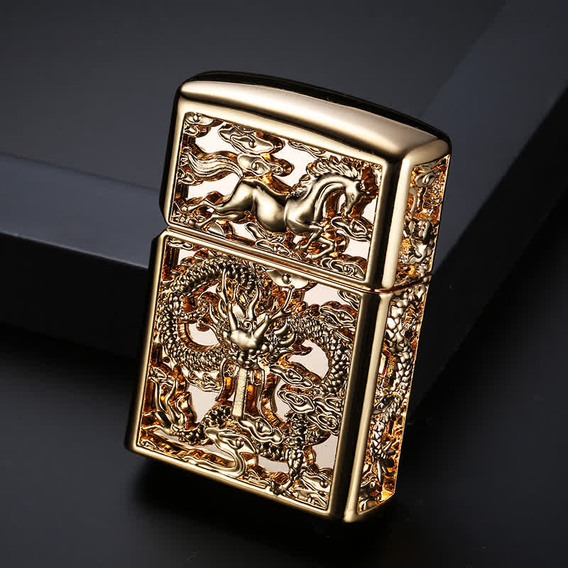 Nachfüllbares Kerosinfeuerzeug mit geprägtem 3D-Schnitzdrachen - Antikgold - image 9