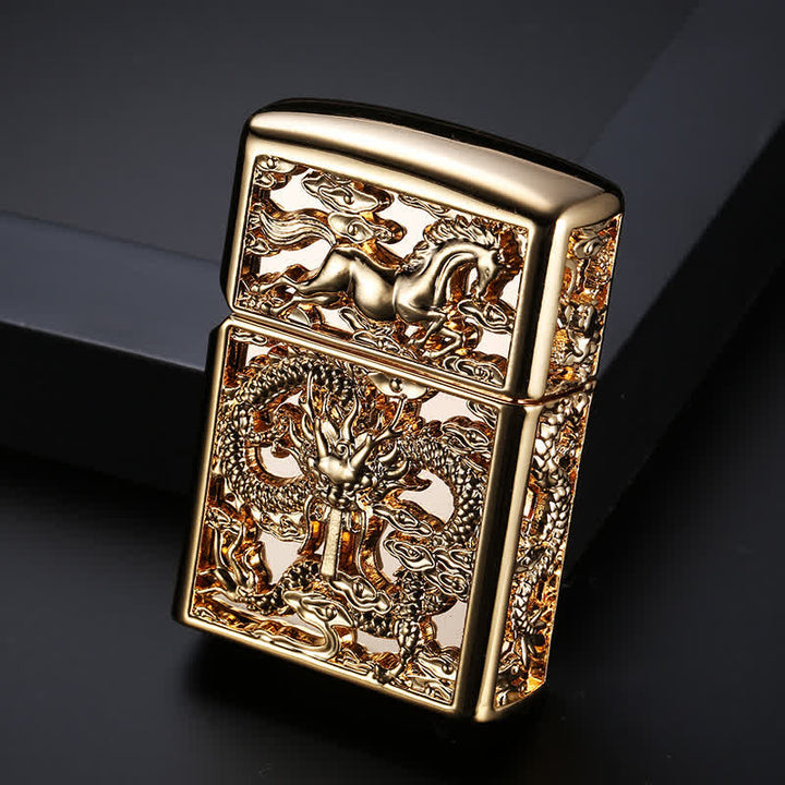 Nachfüllbares Kerosinfeuerzeug mit geprägtem 3D-Schnitzdrachen - Antikgold - image 9