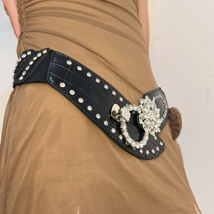 Breiter Taillengürtel mit Strass-Spleißen, schwarzer Korsettgürtel