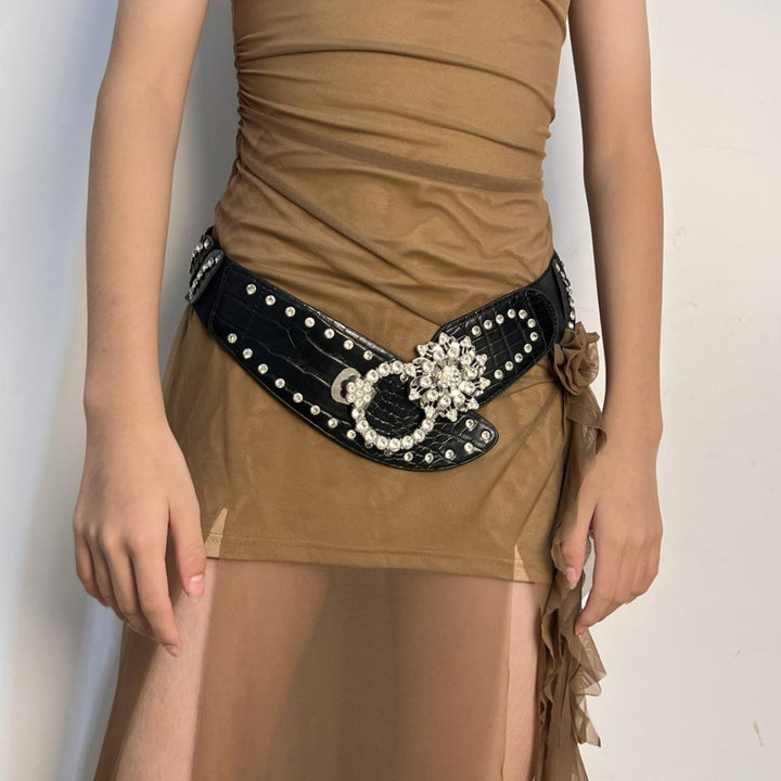 Breiter Taillengürtel mit Strass-Spleißen, schwarzer Korsettgürtel