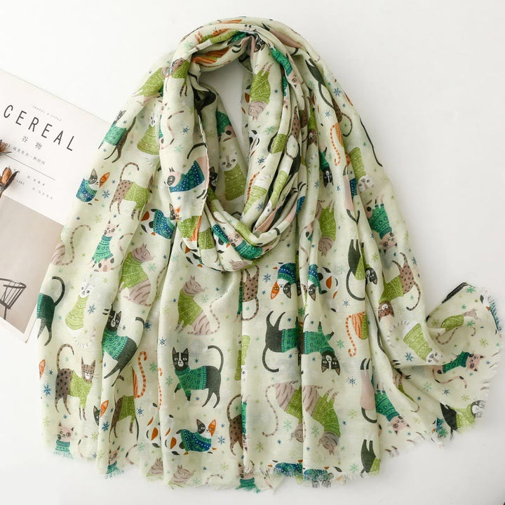 Leichter, dünner Schal mit Katzen- und Kätzchen-Aufdruck für Damen - Grün - image 10