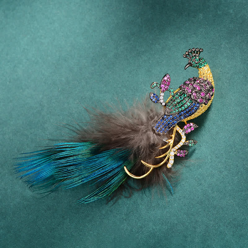 Exquisite Brosche mit glitzernden Strasssteinen und Pfauenfedern für Damen