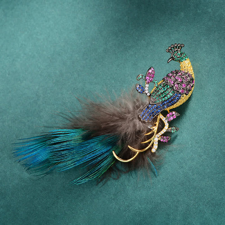 Exquisite Brosche mit glitzernden Strasssteinen und Pfauenfedern für Damen