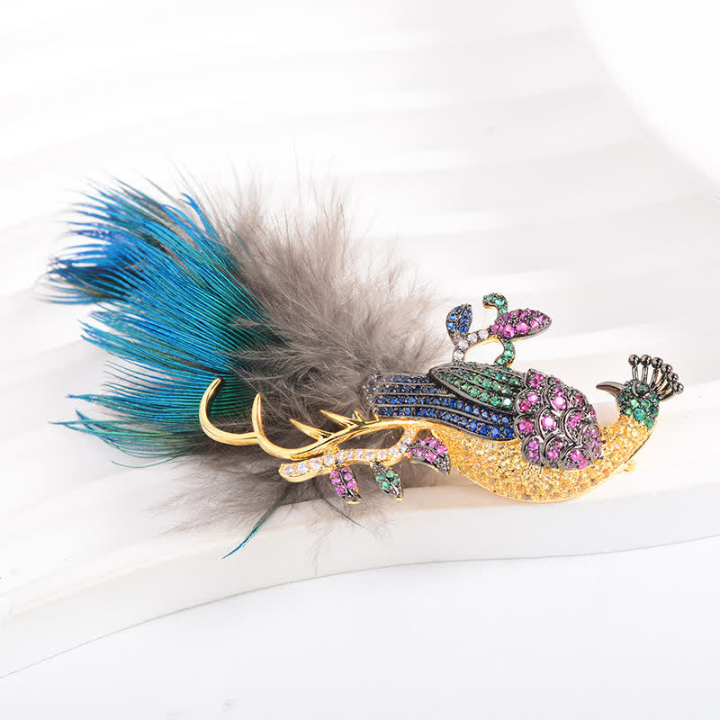 Exquisite Brosche mit glitzernden Strasssteinen und Pfauenfedern für Damen