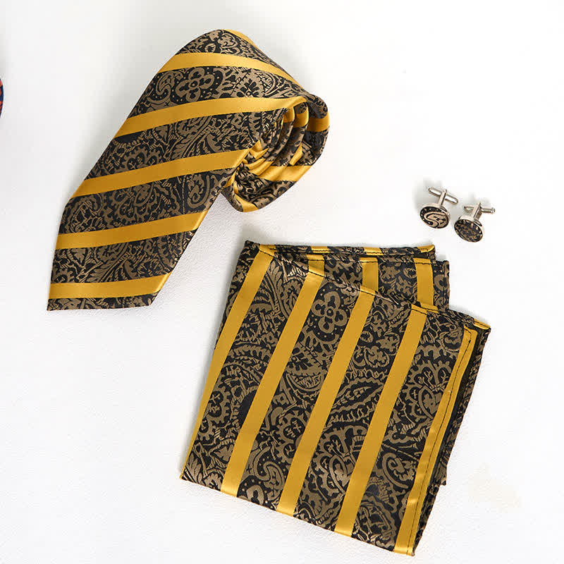 3-tlg. Herren-Krawatten-Set mit gelbem gestreiftem Paisley-Muster 