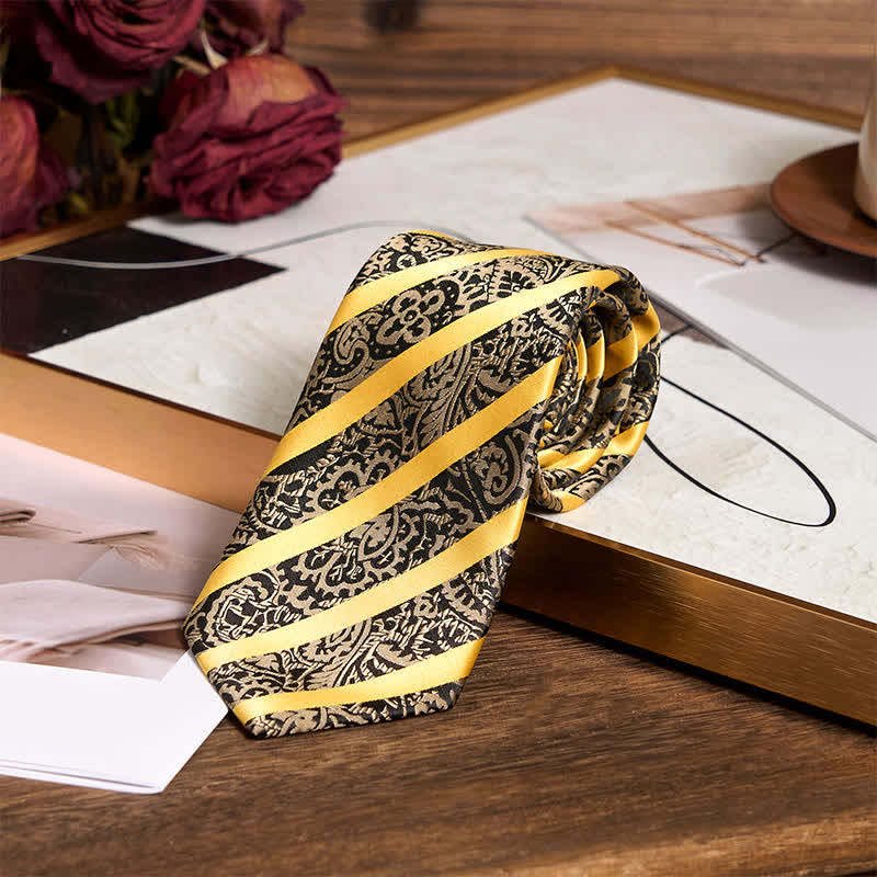 3-tlg. Herren-Krawatten-Set mit gelbem gestreiftem Paisley-Muster 