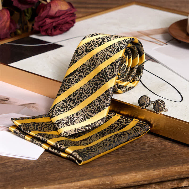 3-tlg. Herren-Krawatten-Set mit gelbem gestreiftem Paisley-Muster 