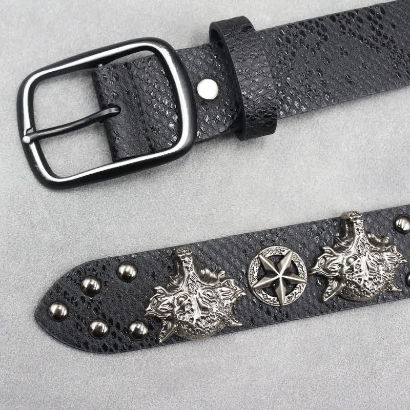 Antik Silber Wolfskopf Niete Schwarz Schlangenhaut Print Ledergürtel