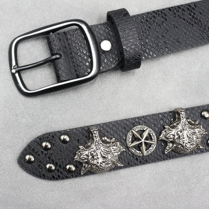 Antik Silber Wolfskopf Niete Schwarz Schlangenhaut Print Ledergürtel