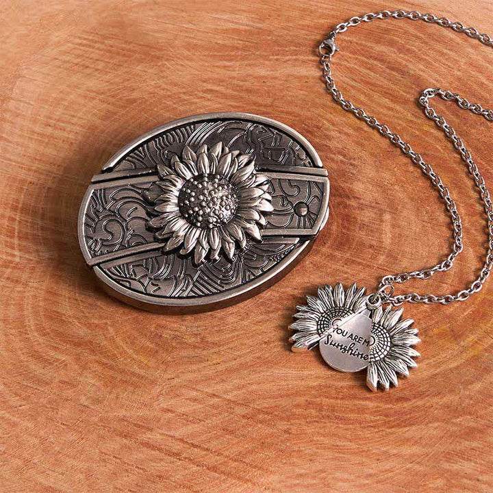 Silbernes DIY-Gürtelschnallen-Halsketten-Bundle-Set mit verstecktem Messer und Sonnenblumenmotiv