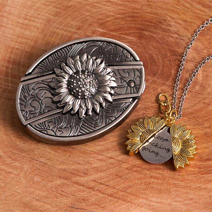 Silbernes DIY-Gürtelschnallen-Halsketten-Bundle-Set mit verstecktem Messer und Sonnenblumenmotiv