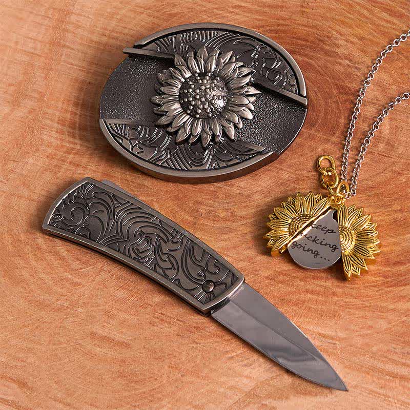 Silbernes DIY-Gürtelschnallen-Halsketten-Bundle-Set mit verstecktem Messer und Sonnenblumenmotiv
