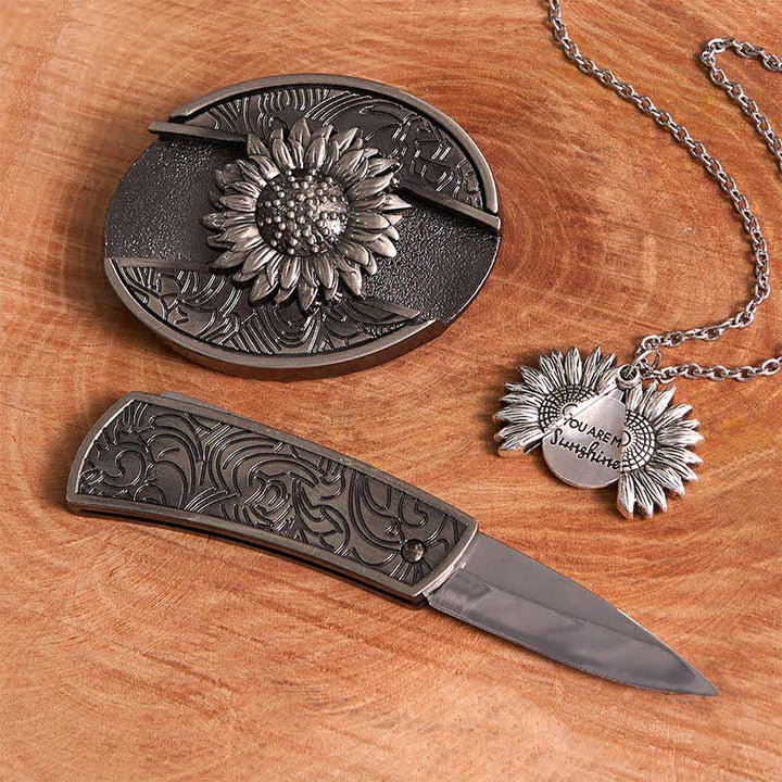 Silbernes DIY-Gürtelschnallen-Halsketten-Bundle-Set mit verstecktem Messer und Sonnenblumenmotiv
