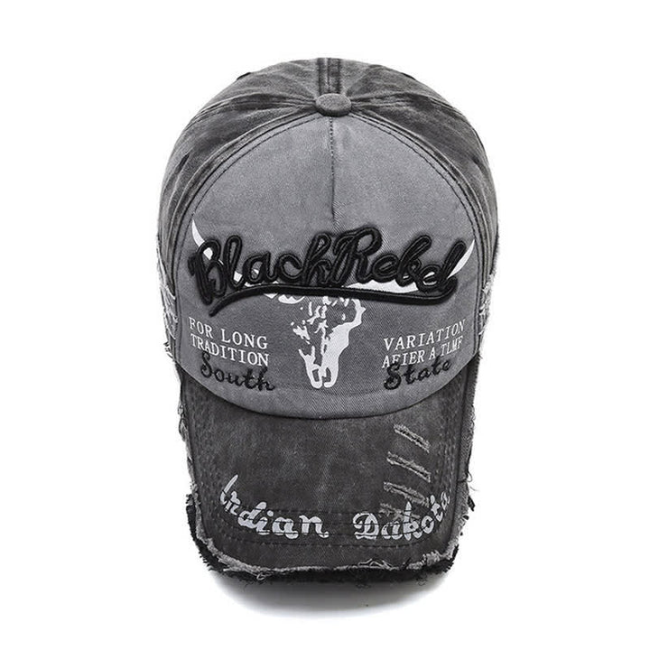 Baseballkappe mit aufgesticktem Longhorn-Bullenkopf und gewaschener Schrift