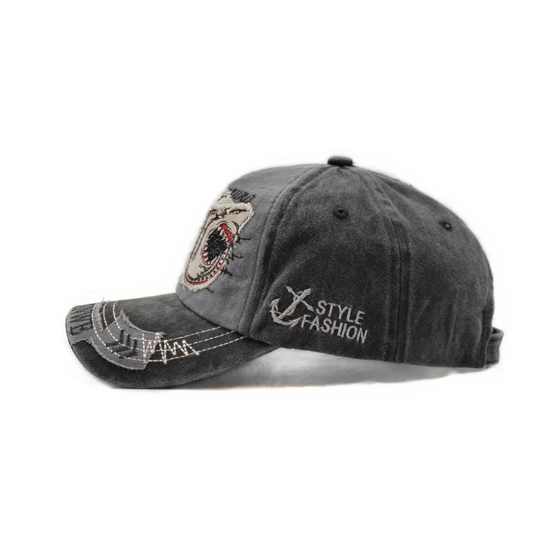 Gewaschene Retro-Baseballkappe mit Hai-Stickerei und ausgefranstem Rand - image 4