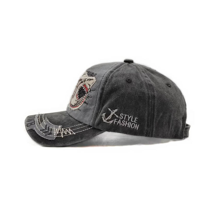 Gewaschene Retro-Baseballkappe mit Hai-Stickerei und ausgefranstem Rand - image 4
