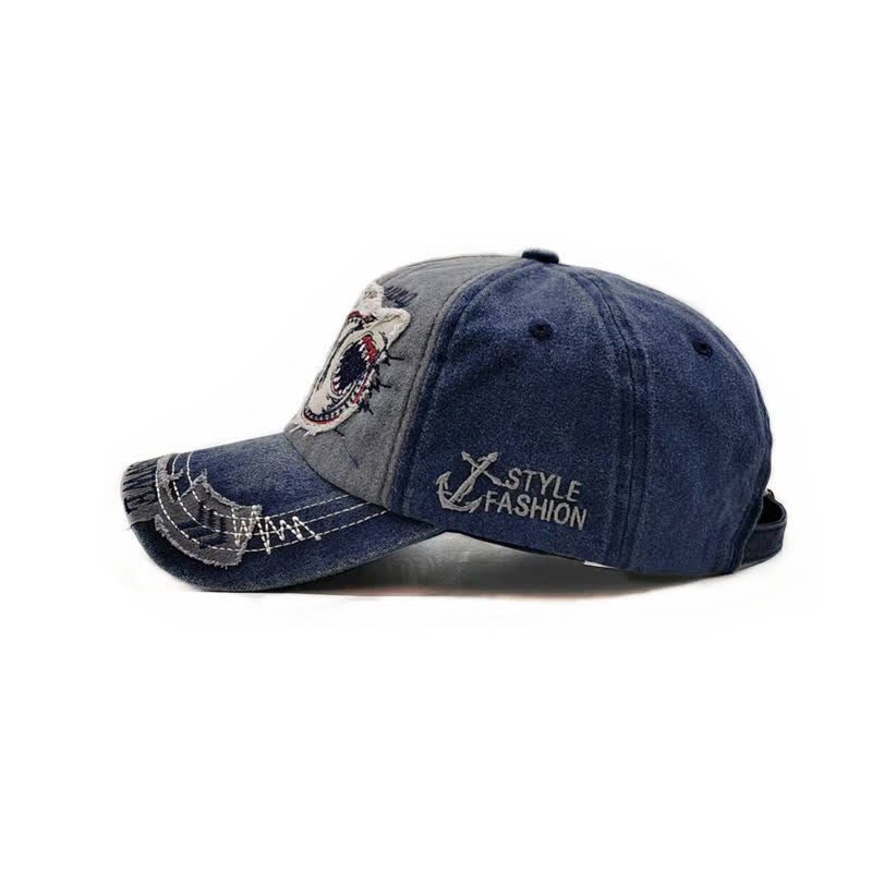 Gewaschene Retro-Baseballkappe mit Hai-Stickerei und ausgefranstem Rand - image 7