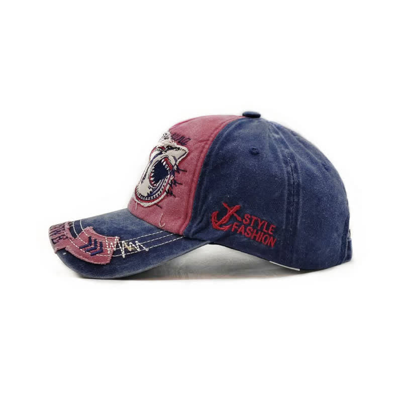 Gewaschene Retro-Baseballkappe mit Hai-Stickerei und ausgefranstem Rand - image 1