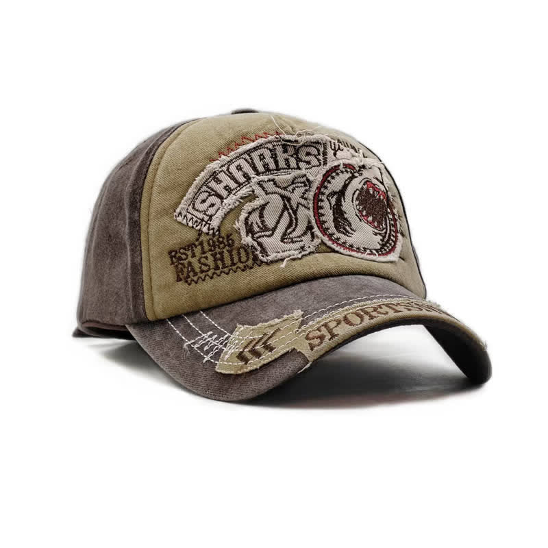 Gewaschene Retro-Baseballkappe mit Hai-Stickerei und ausgefranstem Rand - image 11