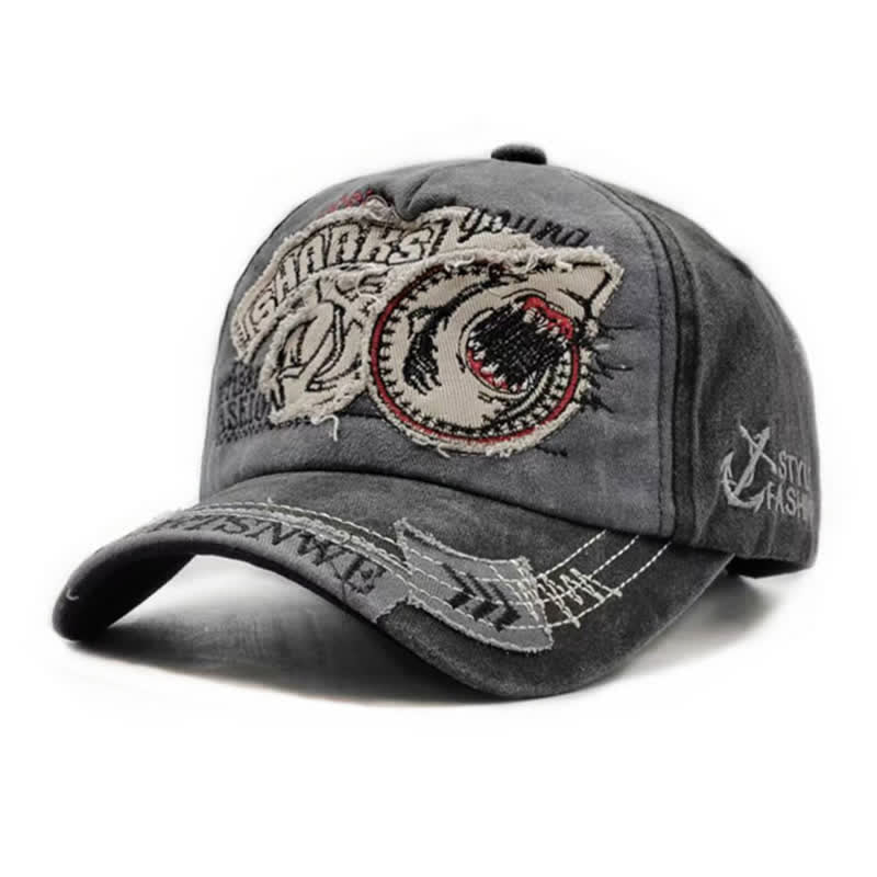 Gewaschene Retro-Baseballkappe mit Hai-Stickerei und ausgefranstem Rand - Schwarz - Einstellbar (21 5/8"-23 5/8") - image 3