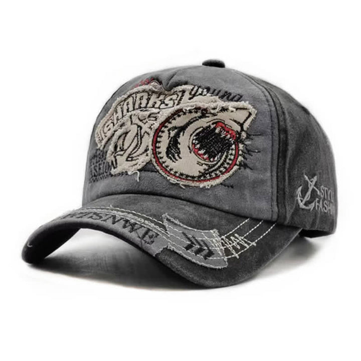 Gewaschene Retro-Baseballkappe mit Hai-Stickerei und ausgefranstem Rand - Schwarz - Einstellbar (21 5/8"-23 5/8") - image 3