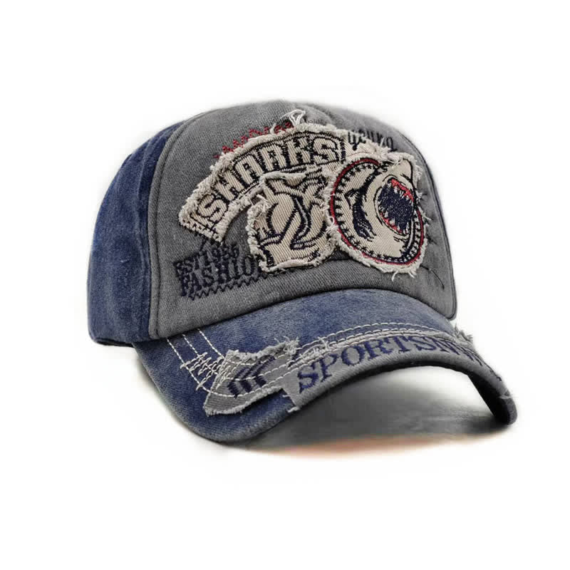 Gewaschene Retro-Baseballkappe mit Hai-Stickerei und ausgefranstem Rand - image 8
